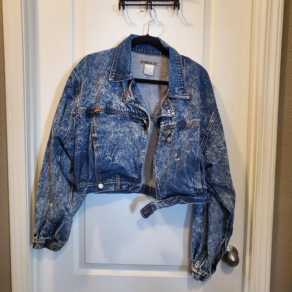 🔥Jordache Iconic 80s Acid Wash Denim Jacket | Wide Collar Cropped Oversized L🔥 - Picture 3 of 14